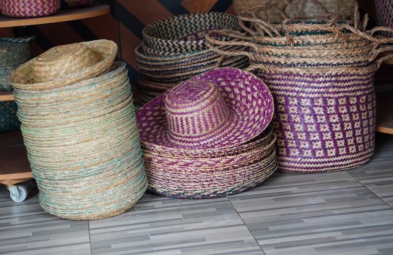Hand-woven baskets stacked in rows